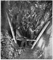 Mining an ore deposit (ridge construction). Production of the blast drill holes. Upper Harz. Publication of the book "Meyers Konversations-Lexikon", Volume 7, Leipzig, Germany, 1910