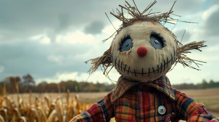 A scarecrow with button eyes and an embroidered smile watches over the fields