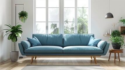 Modern sofa in turquoise and light wood, placed against the wall of an empty living room with large windows, white walls, minimalistic interior design style,Generative AI illustration.