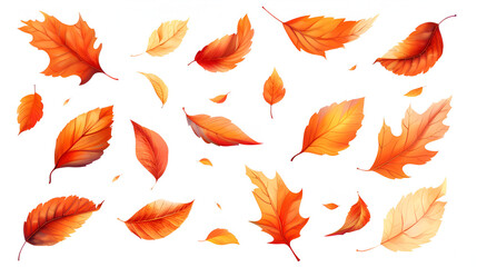 Vibrant Set of Autumn Leaves Fluttering in the Wind on White Background, Seasonal Foliage Illustration, Generative Ai

