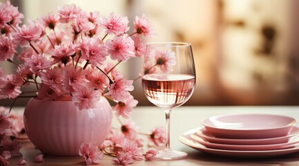 Elegant white dining table setup with wine glasses and pink ceramic dinnerware,  with pink rose flowers
