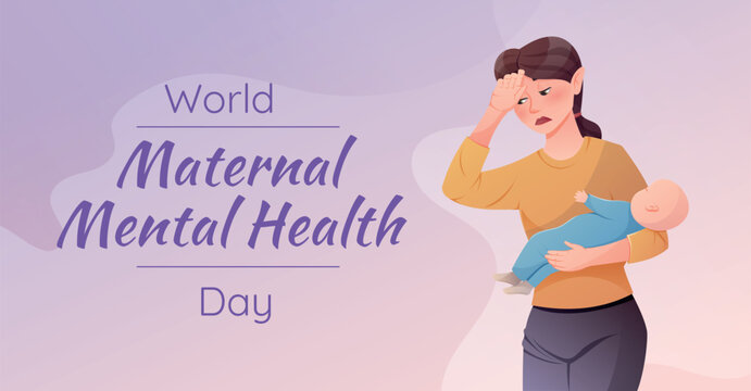 World Maternal Mental Health Day. Vector horizontal holiday banner. Cartoon illustration of tired exhausted woman with baby.