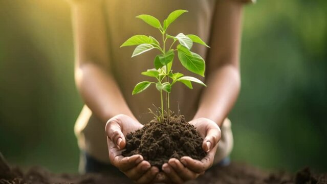 Trees planted on the ground by human hands with a natural green background. plant growth concept and environmental protection