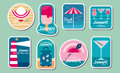 Summer mood stickers collection in modern design. A set of summer illustrations in flat style. Vector illustration.
