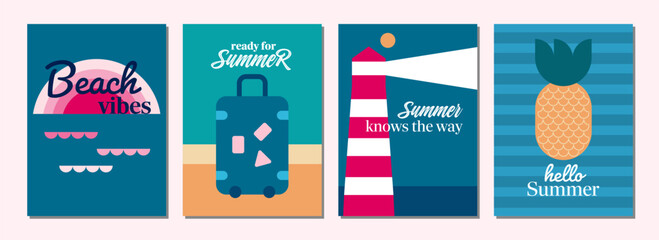 Summer time set of illustrations in flat design. Hello summer. Summer mood.  Summer card or banner concept in geometric style. Vector illustration.
