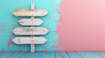 four white wooden directional signs on pastel background