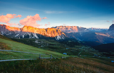 Incredible morning view of the Val Gardena valley in Dolomite mountains. Puez Geisler National...