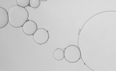Water and serum oil droplets to creating circle and bubbles shape on grey greadient background.	