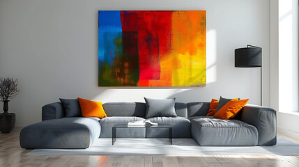 Sophisticated Living Space: Stunning Abode Enlivened by Vibrant Abstract Artwork and Contemporary Sectional Sofa