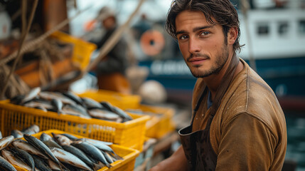 Young pretty fisherman loading fish trays.