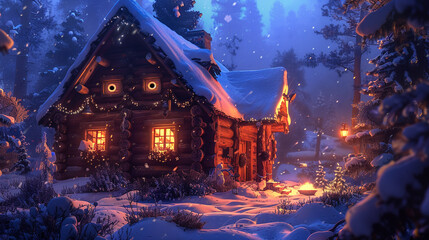 A cozy log cabin with windows shaped like friendly eyes, nestled in a snowy forest.