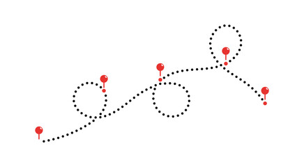 Dotted line path with location map pins. Line path with pointers. Dotted pathway. Airplane routes set. Routes set. Travel navigation. Travel route.