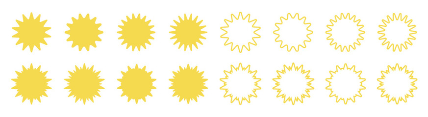 Sun vector icons. Sun simple icons collection. Yellow sun icons. Sunshine and solar glow, sunrise or sunset icons