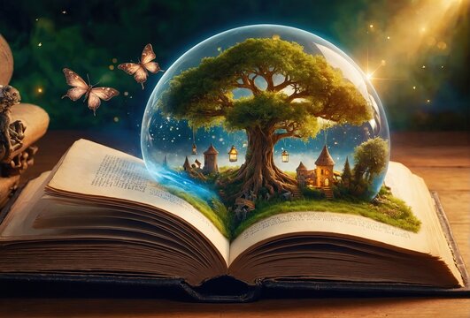 Children's storybooks featuring magical realism and dark fantasy art, with an open magic book featuring a scene from a fairy tale.