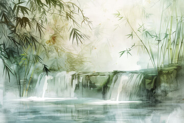 A waterfall with bamboo trees in the background, watercolor painting