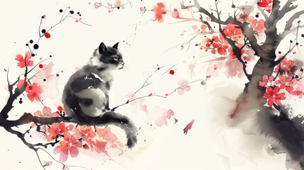 Naklejka premium Cute cat sitting on a branch of cherry blossom tree, oriental watercolor style.