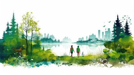 Outdoor wellness cartoon illustration - Generative AI. People, walking, nature, tree, mountain.