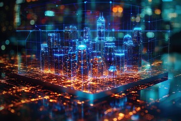 Fototapeta premium Neon dreamscape: A holographic projection of a cityscape bathed in an ethereal glow of neon blue.