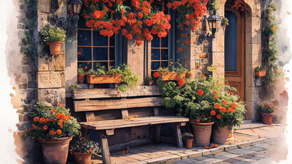 Fototapeta na wymiar A quaint stone building featuring a wooden door and window, beautifully accented by orange flowers growing in hanging baskets and terracotta pots. The scene is completed with a rustic wooden benc...