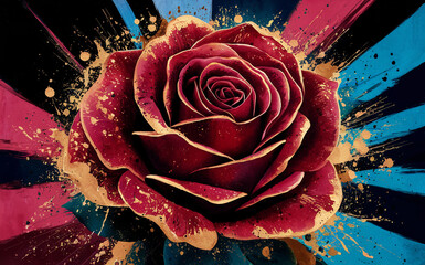A visually stimulating digital artwork showcasing a red rose at the center amidst a dynamic backdrop of splattered paint outlined in blue, pink and white hues, exuding an energetic and striking p...