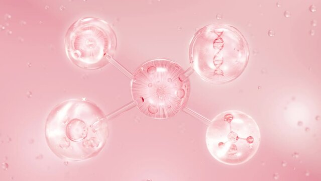 A drop of pink cosmetic essence falls from the dropper then connects with the surrounding essence bubbles to form a molecule. 3D animation stock for cosmetic commercial video