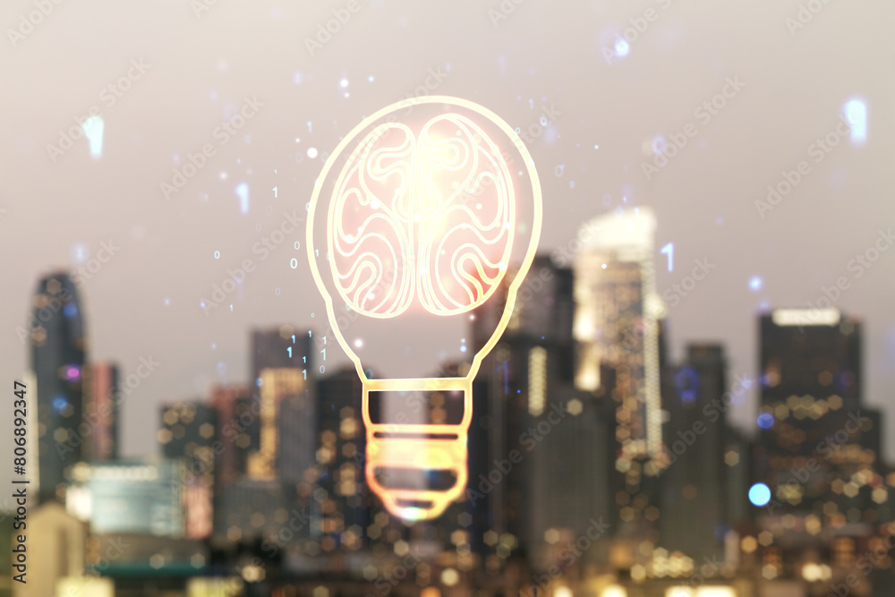 Poster abstract virtual creative light bulb with human brain hologram on blurry office buildings background