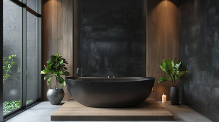 Contemporary Elegance: A Sleek Modern Bathroom Design with a Striking Black Freestanding Tub, Wooden Accents, and Blank Poster Mockup