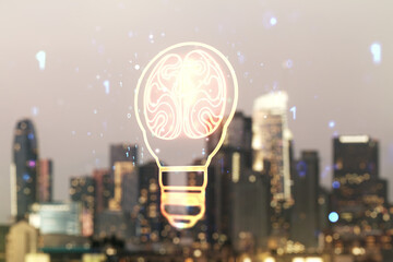 Abstract virtual creative light bulb with human brain hologram on blurry office buildings...