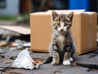 Homeless cute tabby kitten sits near cardboard box amidst leaves, garbage, debris. Rescue, care of homeless animals on the streets. Shelters, volunteering, caring for abandoned cats