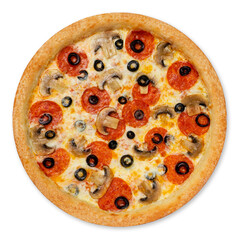 Pizza with salami, mushrooms and olives, top view, on a white background, isolation.