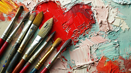 Obraz premium Paint brushes and heart painting on paper with red heart Love and Creativity Inspiration Concept