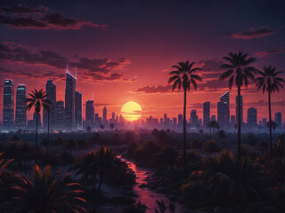 Distant Synthwave Cityscape, distant giant sun setting in distance, palm trees