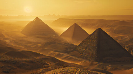 Timeless Elegance: A Stunning Sunset Over Ancient Egyptian Pyramids, Showcasing the Majesty of History and the Power of Artificial Intelligence