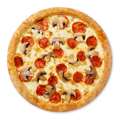 Pizza with sausage and mushrooms, top view, on a white background, isolation.