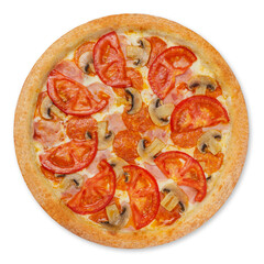 Pizza with ham, tomatoes and mushrooms, top view, on a white background, isolation.