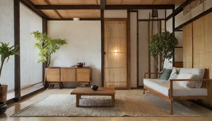 living room with a door, "Elegant Simplicity: Minimalist Japanese Living Space with Wooden Accents"