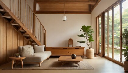modern living room with fireplace, "Elegant Simplicity: Minimalist Japanese Living Space with Wooden Accents"