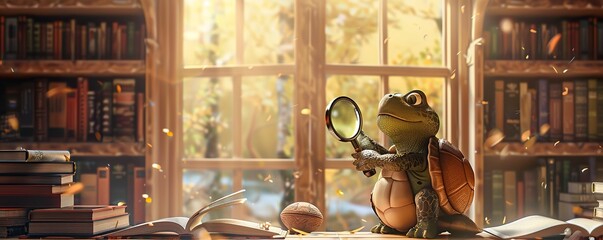 wise turtle glasses and a magnifying glass sit on a bookshelf surrounded by stacked books, with a glass window in the background