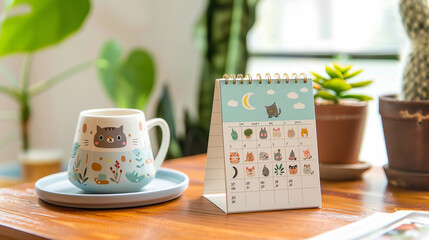 A cozy desk calendar with adorable illustrations and cheerful faces, keeping track of dates with whimsical charm.
