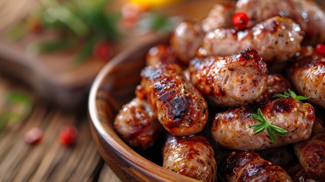 Delicious polish sausage cutlets in a bowl on rustic wood background, glistening under soft light