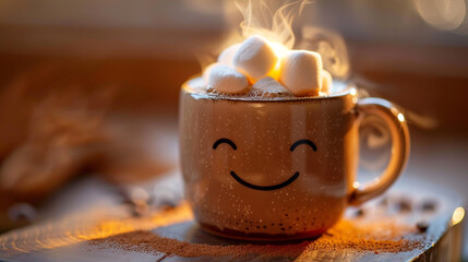A cozy cup of steaming cocoa with a smiling marshmallow face, melting into the warmth.