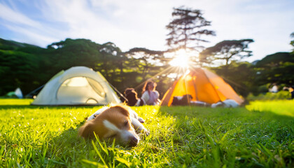 夕方のキャンプ場で居眠りする犬が可愛い、ゴロゴロ幸せだワン
