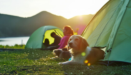 夕方のキャンプ場でお座りする犬が可愛い