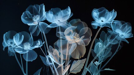 Floral Anatomy: X-Ray Scan Revealing the Intricate Structure of Stems, Petals, and Leaves in a Bouquet of Flowers