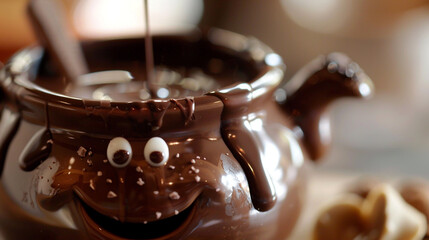 A cozy chocolate melting pot with a contented expression, melting chocolate for dipping or drizzling.