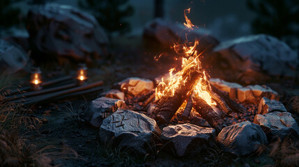 A cozy campfire with glowing logs and a cheerful flame, crackling with warmth.