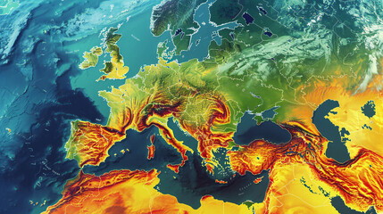 A Satellite Map Revealing Summer Heat in Europe: A World Map Illustrating Weather Forecast and Climatic Conditions