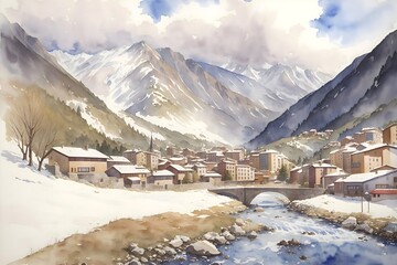 Encamp Andorra Country Landscape Illustration Art