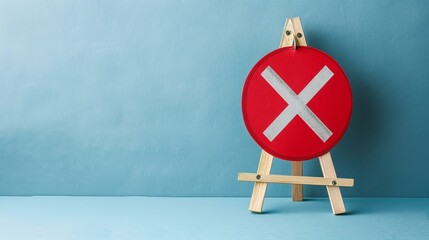 Easel displaying a prohibition sign, symbolizing various restrictions and sanctions, on a blue background - obrazy, fototapety, plakaty