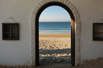 Fototapeta premium Serene beach view through an arched doorway